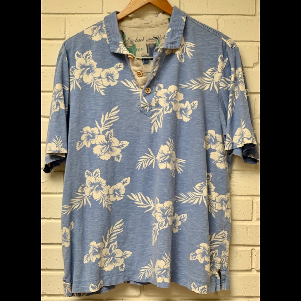 Cotton-linen Blend Hawaii Print Blue Shirt L